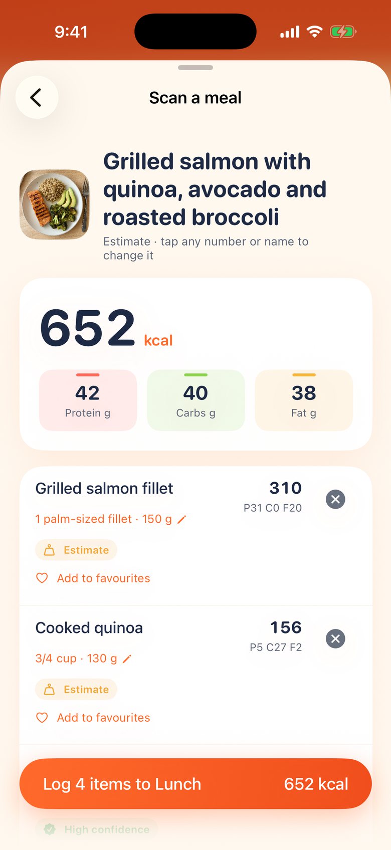 A scan result in Bites: grilled salmon with quinoa, avocado and roasted broccoli, 652 kcal in total, with each item marked as an estimate you can change.